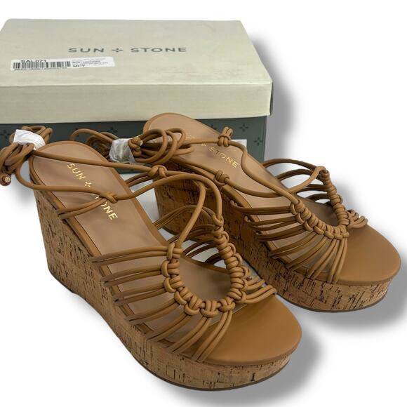 NEW Sun + Stone Strappy Lace Up Wedge Sandals Size 7 Brown Ankle Wrap Cork Heels - Picture 9 of 12
